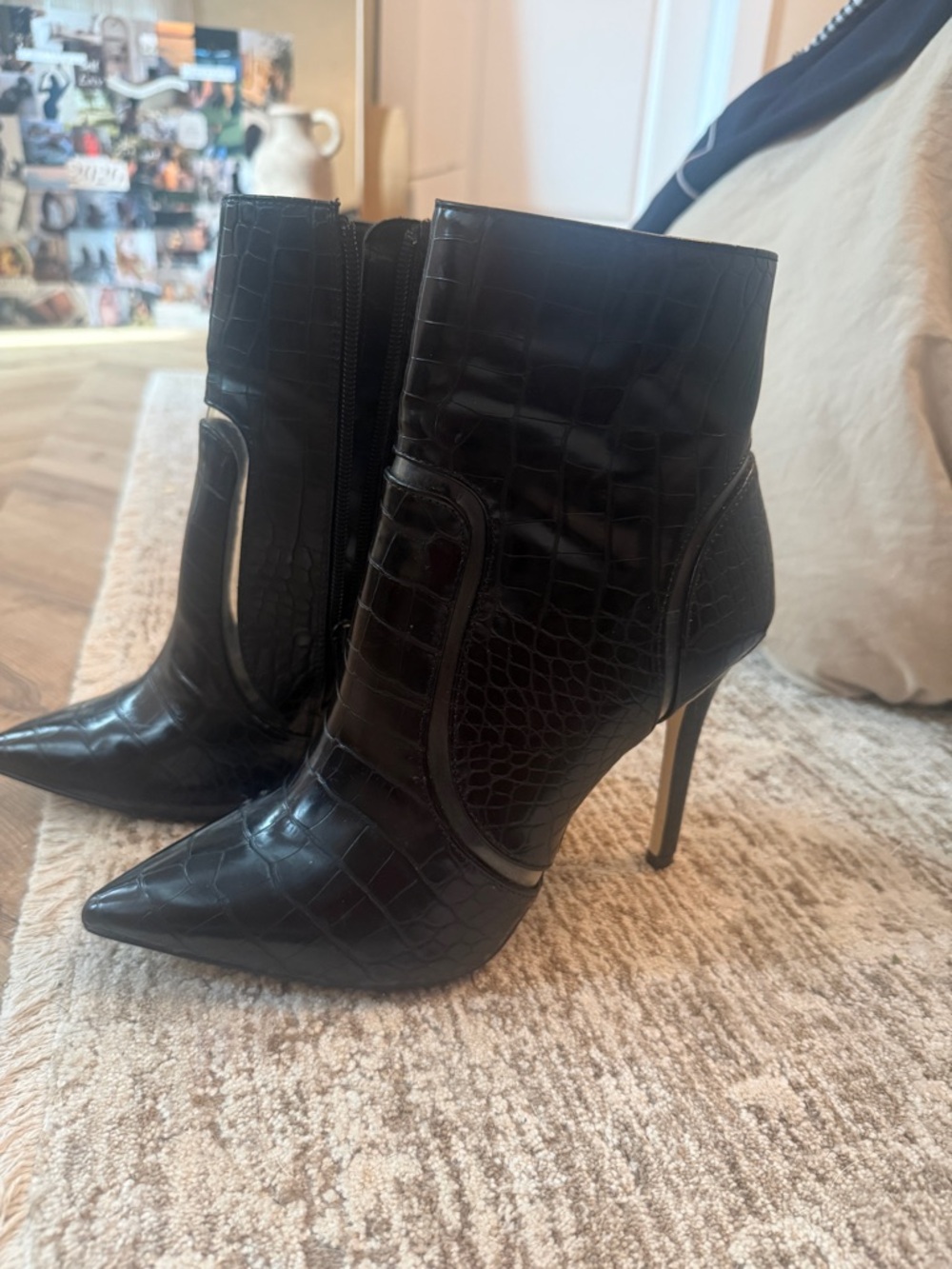 Black Croc-Embossed Pointed Toe Stiletto Ankle Boots
